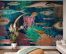 Carregar imagem no visualizador da galeria, Vintage Retro Underwater Marine Sea Life Wall Mural. Beach / Nautical / Marine Life Theme Peel and Stick Wallpaper. #6442