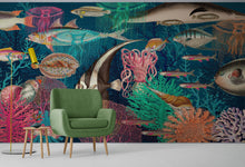 Carregar imagem no visualizador da galeria, Vintage Retro Underwater Marine Sea Life Wall Mural. Beach / Nautical / Marine Life Theme Peel and Stick Wallpaper. #6442