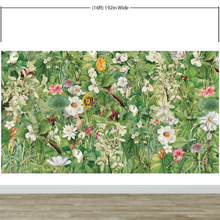Load image into Gallery viewer, Botanical Vegetation Garden Wall Mural. Color Pencil Artwork of Flower Garden Peel and Stick Wallpaper. Rainforest Jungle Botanical Flowers and Leafs Background. #6449