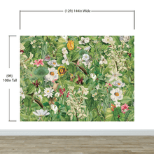 Load image into Gallery viewer, Botanical Vegetation Garden Wall Mural. Color Pencil Artwork of Flower Garden Peel and Stick Wallpaper. Rainforest Jungle Botanical Flowers and Leafs Background. #6449