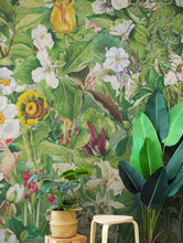 Load image into Gallery viewer, Botanical Vegetation Garden Wall Mural. Color Pencil Artwork of Flower Garden Peel and Stick Wallpaper. Rainforest Jungle Botanical Flowers and Leafs Background. #6449
