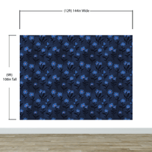 Load image into Gallery viewer, Blue Color Flower Wall Mural Pattern. Dark Navy Blue Background. #6451
