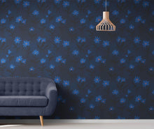 Load image into Gallery viewer, Blue Color Flower Wall Mural Pattern. Dark Navy Blue Background. #6451