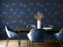 Load image into Gallery viewer, Blue Color Flower Wall Mural Pattern. Dark Navy Blue Background. #6451