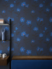 Load image into Gallery viewer, Blue Color Flower Wall Mural Pattern. Dark Navy Blue Background. #6451