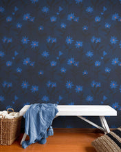 Load image into Gallery viewer, Blue Color Flower Wall Mural Pattern. Dark Navy Blue Background. #6451