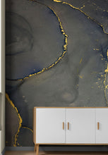 Carregar imagem no visualizador da galeria, Abstract Black and Gold Agate Marble Stone Pattern Wall Mural. Removable Peel and Stick Wallpaper. #6454