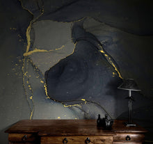 Carregar imagem no visualizador da galeria, Abstract Black and Gold Agate Marble Stone Pattern Wall Mural. Removable Peel and Stick Wallpaper. #6454