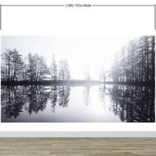 Carregar imagem no visualizador da galeria, Foggy Woodland Wall Mural. Warm Grey Misty Forest Lakeview Peel and Stick Wallpaper. #6474