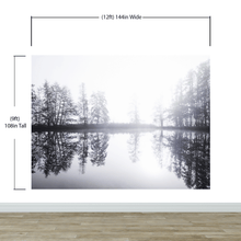 Carregar imagem no visualizador da galeria, Foggy Woodland Wall Mural. Warm Grey Misty Forest Lakeview Peel and Stick Wallpaper. #6474