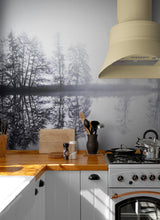 Carregar imagem no visualizador da galeria, Foggy Woodland Wall Mural. Warm Grey Misty Forest Lakeview Peel and Stick Wallpaper. #6474