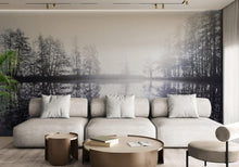 Carregar imagem no visualizador da galeria, Foggy Woodland Wall Mural. Warm Grey Misty Forest Lakeview Peel and Stick Wallpaper. #6474