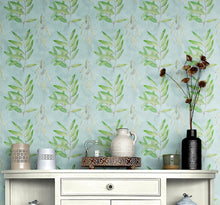 Load image into Gallery viewer, Eucalyptus Wallpaper. Farmhouse Decor Peel and Stick Wall Mural. Blue and Green Colors. #6482