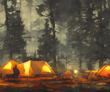Carregar imagem no visualizador da galeria, Camping Under the Stars Painting Wallpaper. Woodland Forest Wall Mural. Nature Wall Decor. #6492
