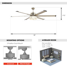 Carregar imagem no visualizador da galeria, 65" Modern Brushed Nickel DC Motor Downrod Mount Reversible Ceiling Fan with Lighting and Remote Control