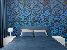 Load image into Gallery viewer, Damask Wallpaper Blue Color on Dark Background Pattern Wallpaper Peel and Stick Wall Mural Home Decor #6518
