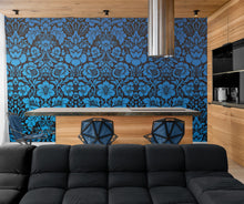 Load image into Gallery viewer, Damask Wallpaper Blue Color on Dark Background Pattern Wallpaper Peel and Stick Wall Mural Home Decor #6518