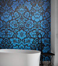 Load image into Gallery viewer, Damask Wallpaper Blue Color on Dark Background Pattern Wallpaper Peel and Stick Wall Mural Home Decor #6518