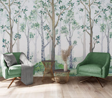 Carregar imagem no visualizador da galeria, Nursery Woodland Forest Wallpaper. Watercolor Birch Tree Forest Wall Mural. #6525
