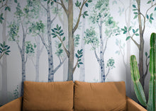 Carregar imagem no visualizador da galeria, Nursery Woodland Forest Wallpaper. Watercolor Birch Tree Forest Wall Mural. #6525