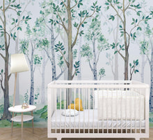 Carregar imagem no visualizador da galeria, Nursery Woodland Forest Wallpaper. Watercolor Birch Tree Forest Wall Mural. #6525