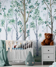 Carregar imagem no visualizador da galeria, Nursery Woodland Forest Wallpaper. Watercolor Birch Tree Forest Wall Mural. #6525