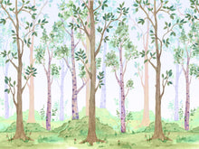 Load image into Gallery viewer, Colorful Nursery Woodland Forest Wallpaper. Watercolor Birch Tree Forest Wall Mural. #6527