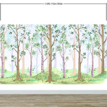 Load image into Gallery viewer, Colorful Nursery Woodland Forest Wallpaper. Watercolor Birch Tree Forest Wall Mural. #6527