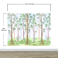 Load image into Gallery viewer, Colorful Nursery Woodland Forest Wallpaper. Watercolor Birch Tree Forest Wall Mural. #6527