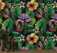 Carregar imagem no visualizador da galeria, Tropical Flower Wallpaper Peel and Stick Colorful Wildflower Mural. Green Flowers and Palm Tree Leaves Design. #6569