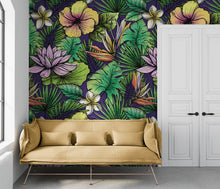Carregar imagem no visualizador da galeria, Tropical Flower Wallpaper Peel and Stick Colorful Wildflower Mural. Green Flowers and Palm Tree Leaves Design. #6569