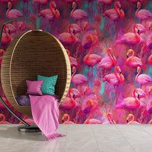 Load image into Gallery viewer, Bright Pink Flamingos Wallpaper - Modern Miami Vibes, Tropical Home Decor #6581