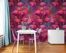 Load image into Gallery viewer, Bright Pink Flamingos Wallpaper - Modern Miami Vibes, Tropical Home Decor #6581