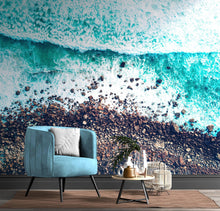 Carregar imagem no visualizador da galeria, Ocean Waves over Cliff Wallpaper. Rocky Beach Wall Mural. Bright Aqua Color Beach Waves. #6624