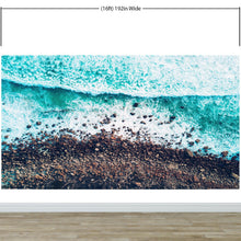 Carregar imagem no visualizador da galeria, Ocean Waves over Cliff Wallpaper. Rocky Beach Wall Mural. Bright Aqua Color Beach Waves. #6624