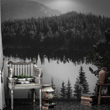 Carregar imagem no visualizador da galeria, Black and White Mountain Over Looking Lake and Forest Wallpaper. #6671