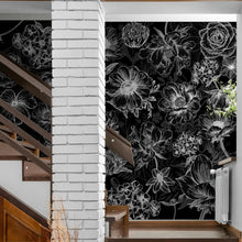 Load image into Gallery viewer, Black Floral Background, Black and White Flower Wallpaper Mural. #6677