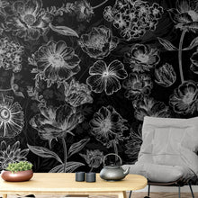 Load image into Gallery viewer, Black Floral Background, Black and White Flower Wallpaper Mural. #6677