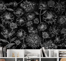 Load image into Gallery viewer, Black Floral Background, Black and White Flower Wallpaper Mural. #6677