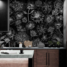 Load image into Gallery viewer, Black Floral Background, Black and White Flower Wallpaper Mural. #6677