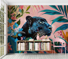 Load image into Gallery viewer, Black Panther in Pink Tropical Forest Wall Mural. Fashionable Botanical Chic Decor. #6822