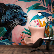 Load image into Gallery viewer, Black Panther in Pink Tropical Forest Wall Mural. Fashionable Botanical Chic Decor. #6822