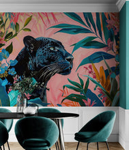Load image into Gallery viewer, Black Panther in Pink Tropical Forest Wall Mural. Fashionable Botanical Chic Decor. #6822