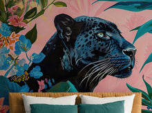 Load image into Gallery viewer, Black Panther in Pink Tropical Forest Wall Mural. Fashionable Botanical Chic Decor. #6822