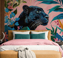 Load image into Gallery viewer, Black Panther in Pink Tropical Forest Wall Mural. Fashionable Botanical Chic Decor. #6822