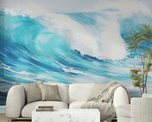Load image into Gallery viewer, Artistic Painting of Blue Ocean Wave Wall Mural. #6870