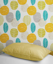 Carregar imagem no visualizador da galeria, Autumn Leaves Wallpaper. Yellow, Grey, Teal Leaf Wall Mural. #6966