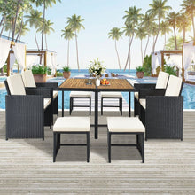 Carregar imagem no visualizador da galeria, Patio All-Weather PE Wicker Dining Table Set with Wood Tabletop for 8, Black Rattan+Beige Cushion (9-Piece)