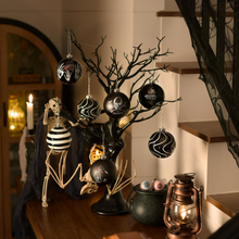 Load image into Gallery viewer, Black Gothic 16-Piece Baubles with Skulls, Skeleton Hands, Horror Prints & Striped Designs