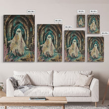 Carregar imagem no visualizador da galeria, Ghostly Figure in Ancient Ruins Framed Canvas Print, Haunted Ruins Decor, Halloween Ghost Art, Eerie Ghostly Wall Art, Spooky Ghost Print
